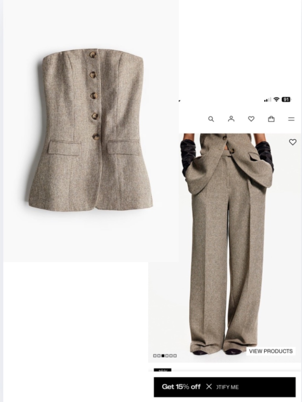 NWT H&M EDITION Brown Woven Strapless Button Down Top + Trouser Set (2 pcs)